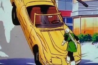 El Gran Saiyaman deteniendo un Chevrolet Corvette