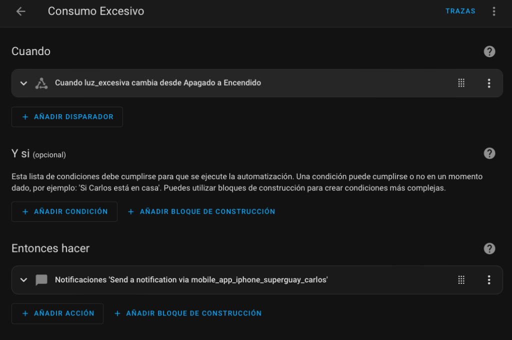 Creación de la notificación por consumo excesivo en Home Assistant