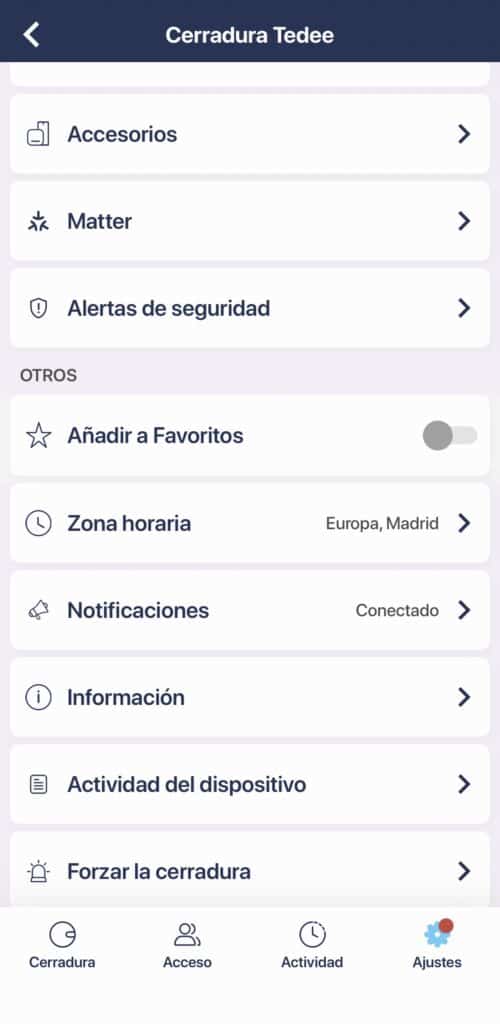 Opción Matter en la app de Tedee