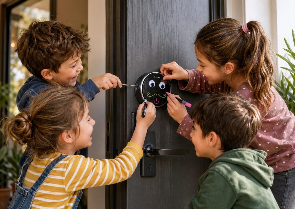 Niños jugando con una cerradura inteligente