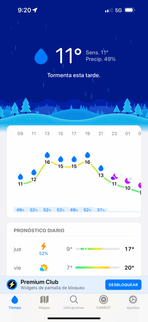 Previsión de lluvia en Carrot Weather