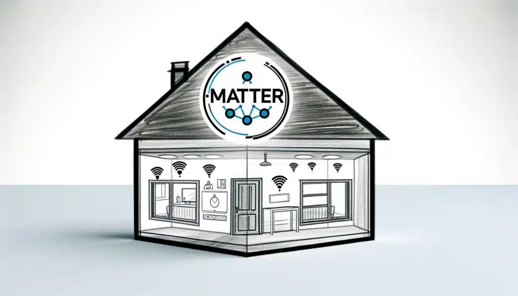 Logo de una casa con dispositivos conectados y arriba se ve el logotipo del estándar Matter