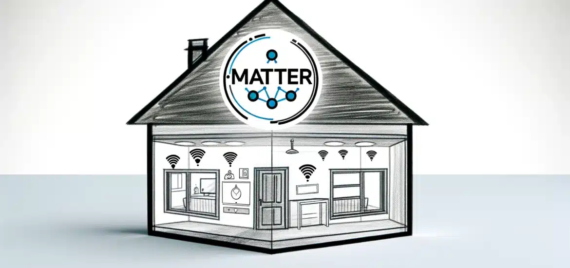 Logo de una casa con dispositivos conectados y arriba se ve el logotipo del estándar Matter