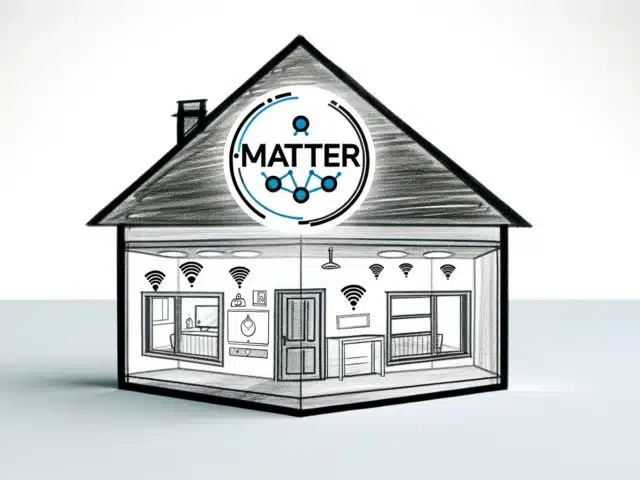 Logo de una casa con dispositivos conectados y arriba se ve el logotipo del estándar Matter