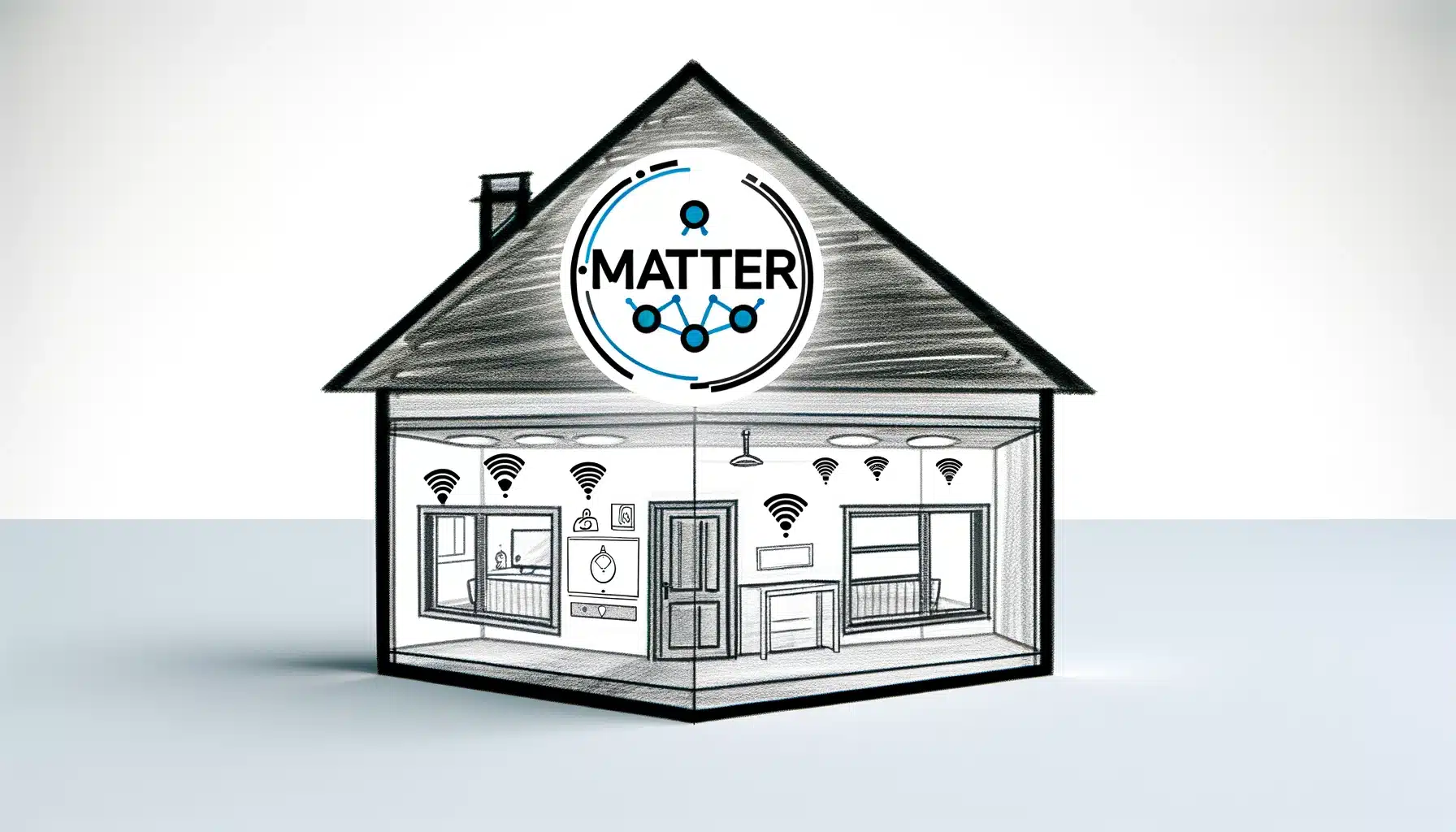 Logo de una casa con dispositivos conectados y arriba se ve el logotipo del estándar Matter