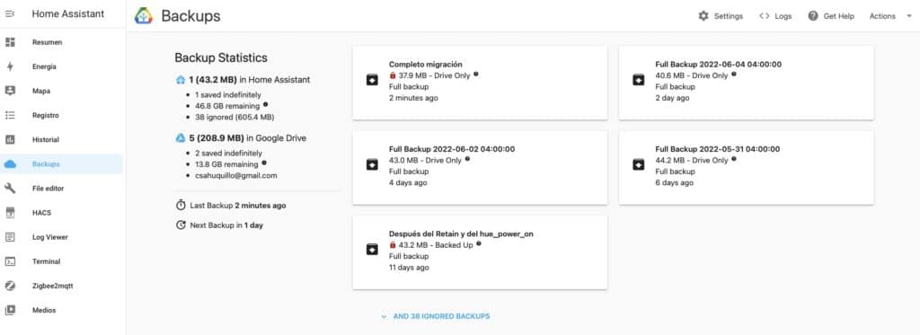 Backups de Home Assistant disponibles en Google Drive
