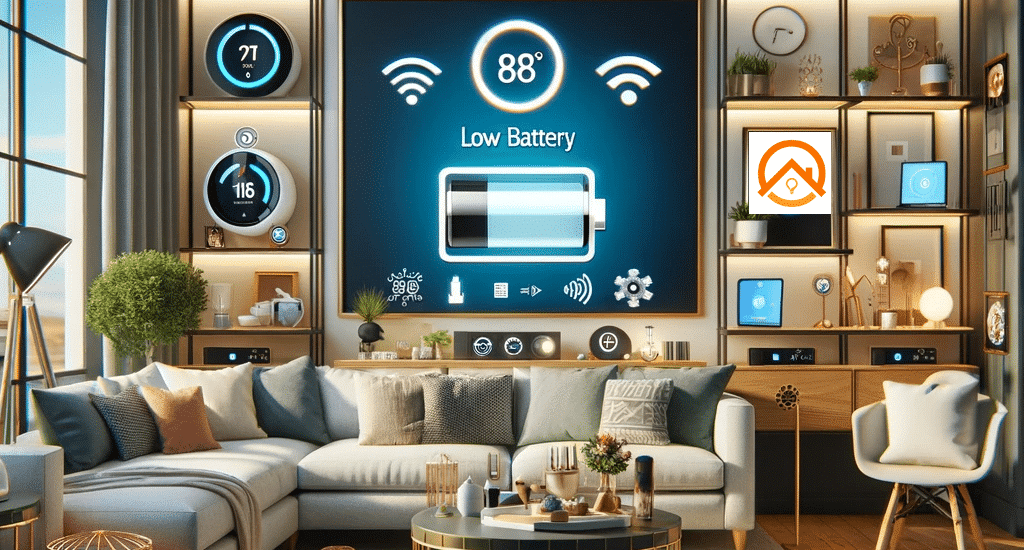 Imagen de un salón con algunos dispositivos de domótica doméstica y una alerta por batería baja