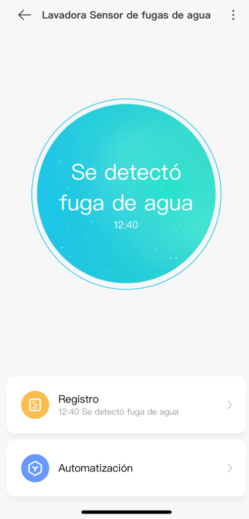 Fuga detectada en el sensor de Aqara y mostrada en la app Mi Home