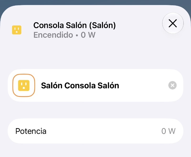 Detail of a living room plug showing its status and power draw in the Home app