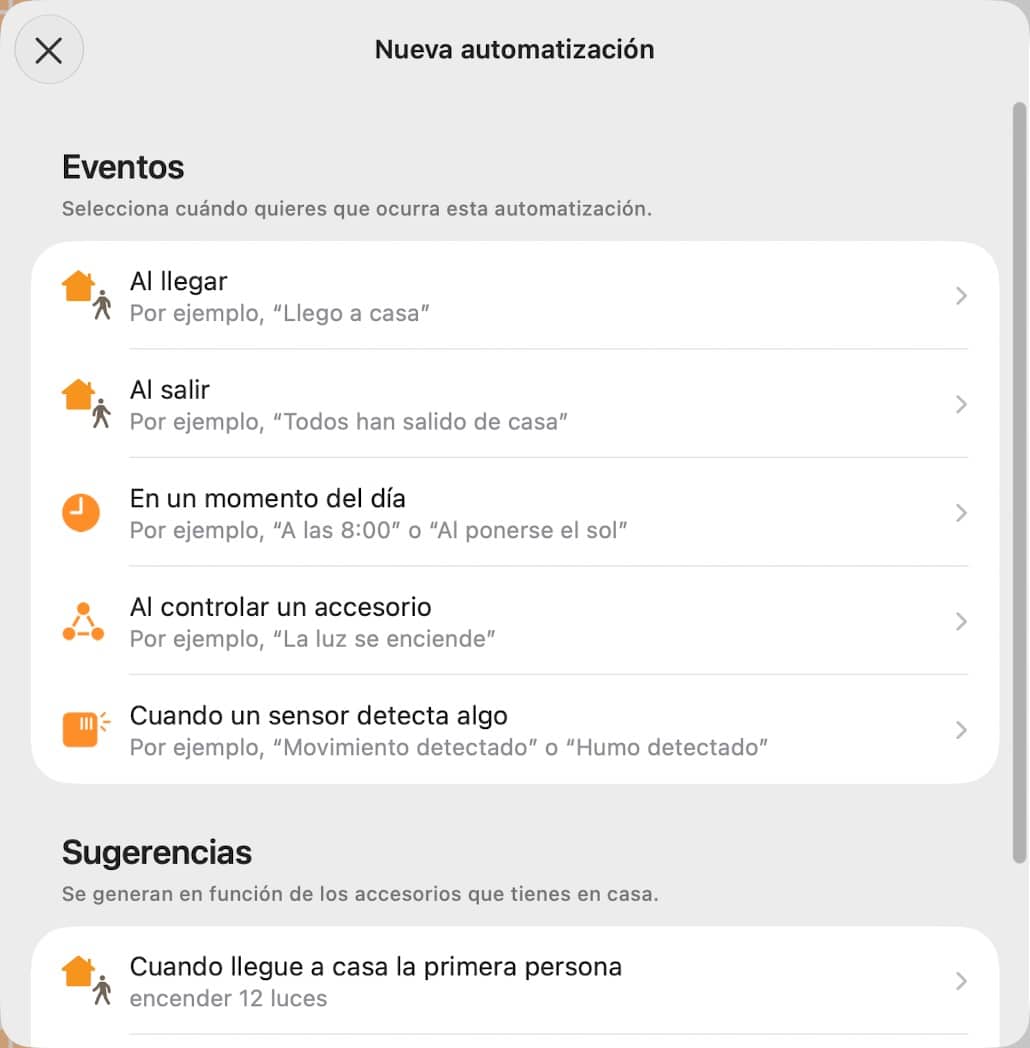 Pantalla de Casa en Nueva automatización, con la opción Cuando un sensor detecta algo y sugerencias de la app.