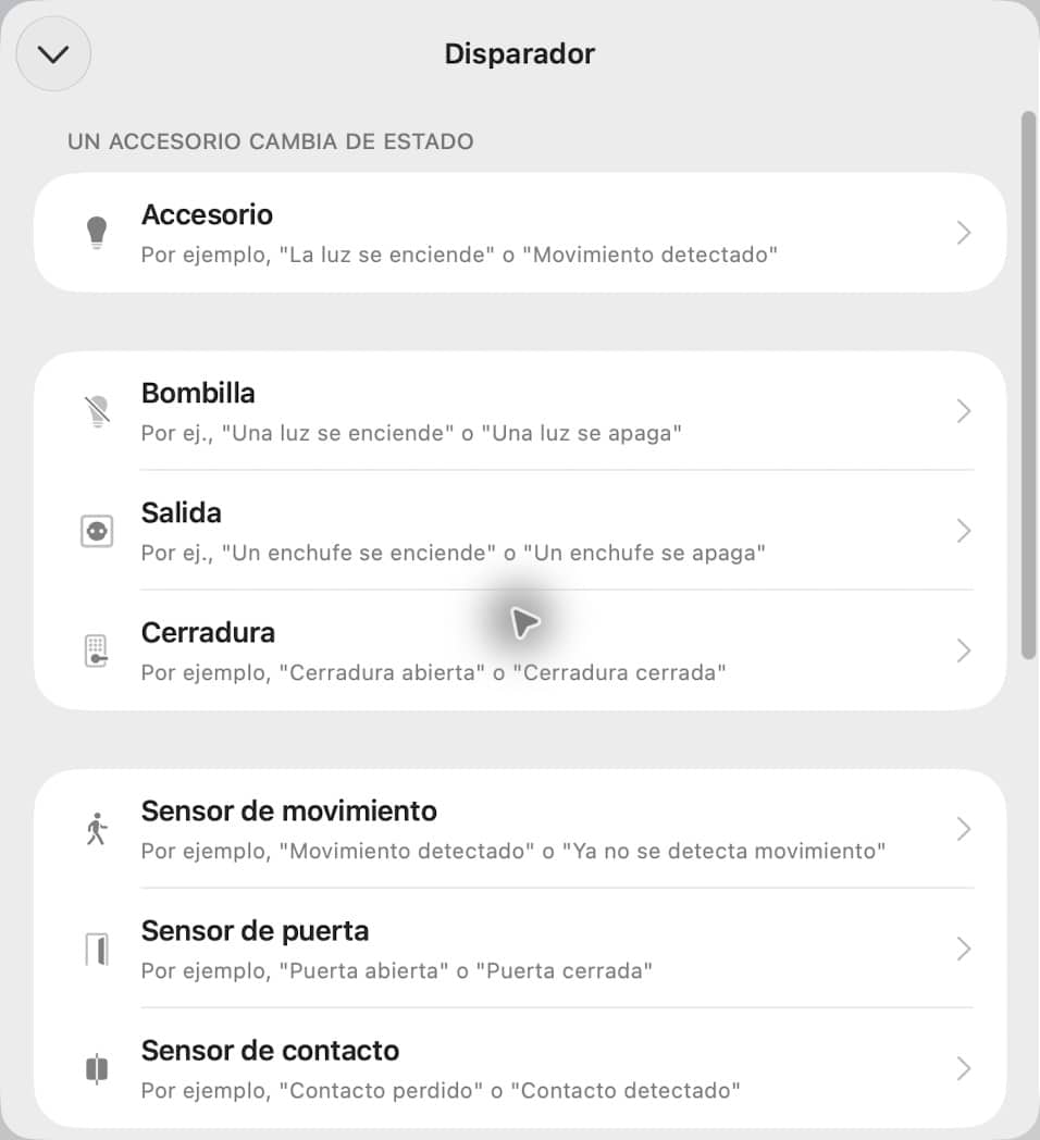 Pantalla real de Controller for HomeKit con el selector de disparadores, incluida la opción Sensor de puerta y Sensor de contacto.