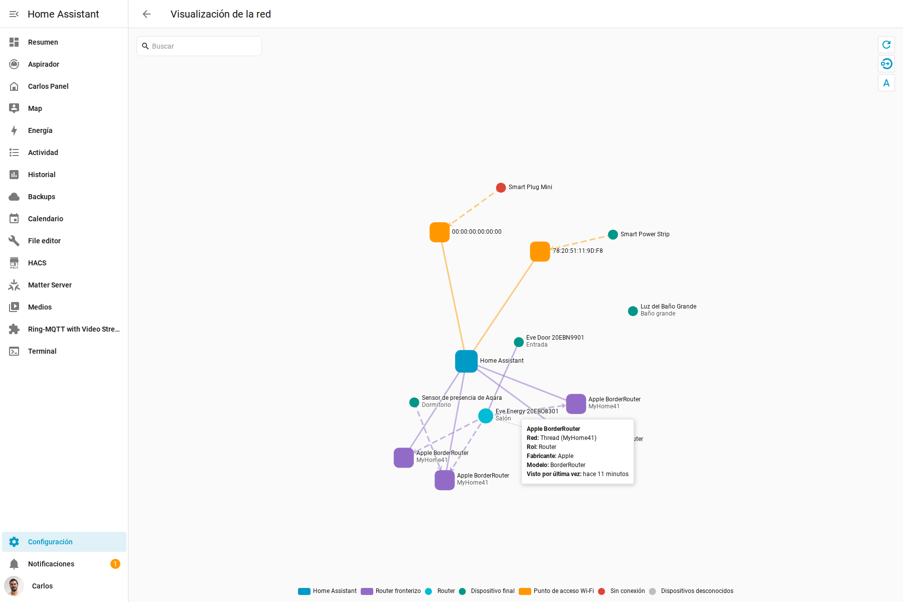 Detalle de uno de los cuatro Apple BorderRouter detectados por el mapa Matter de Home Assistant