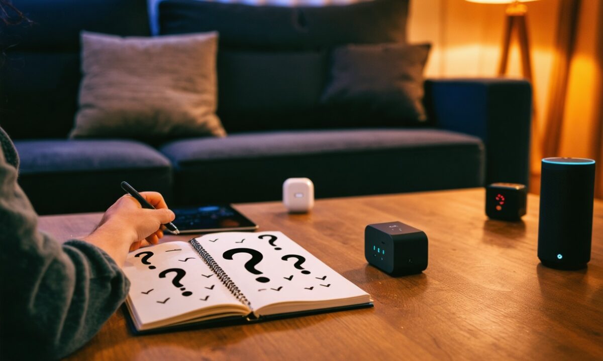 Preguntas de domótica: cuaderno lleno de interrogaciones junto a varios dispositivos domóticos