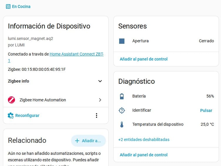 Sensor de apertura Aqara en Home Assistant mostrando también la temperatura del dispositivo