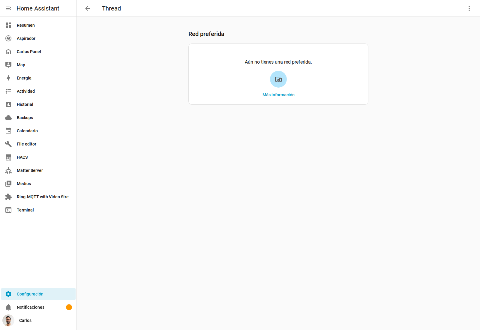 Integración Thread de Home Assistant indicando que no hay una red Thread preferida